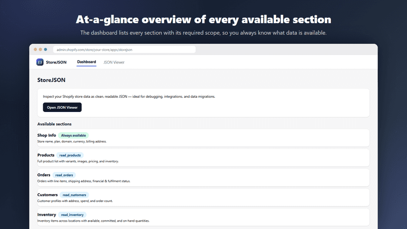 Home screen — 5 data sections with View JSON buttons