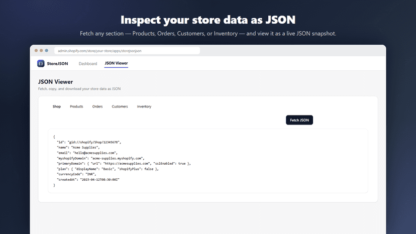 JSON Viewer – Shop tab with live store data as JSON
