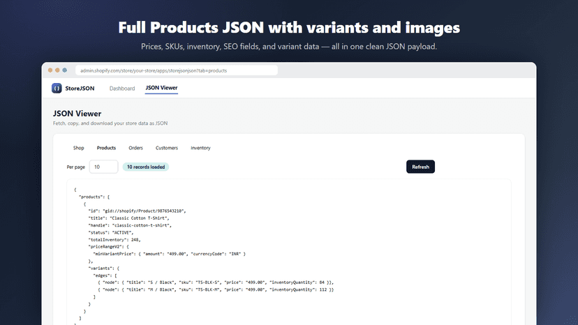 Products tab — product JSON with variants and pricing