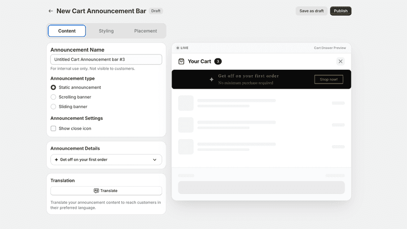 Ms Cart Announcement bar for cart