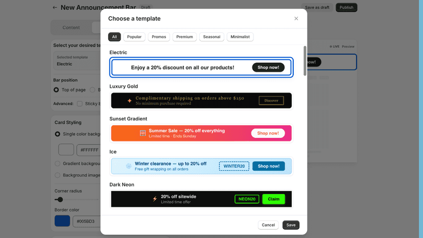 Pre-designed Announcement bar