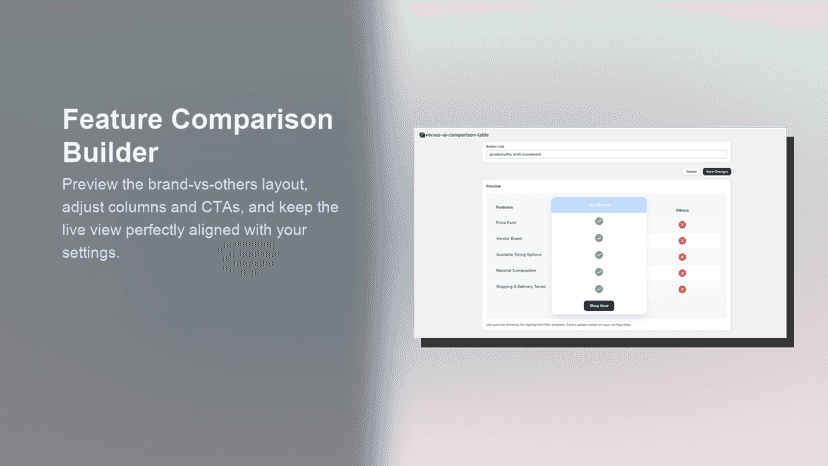Feature comparison builder screen beside hero text.