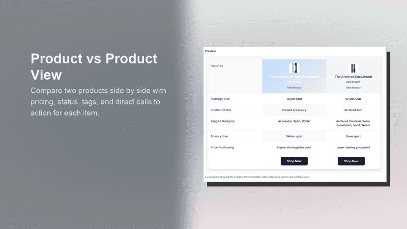 Two-product comparison table beside hero text