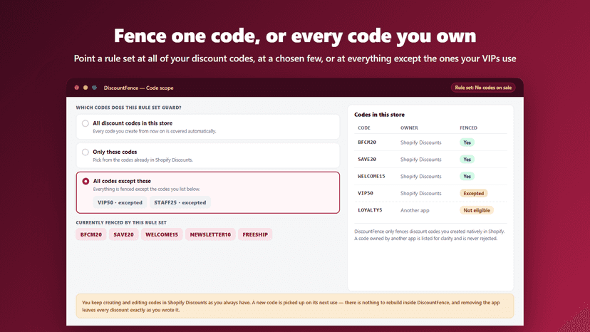 Code scope: fence all codes, only some, or all except some
