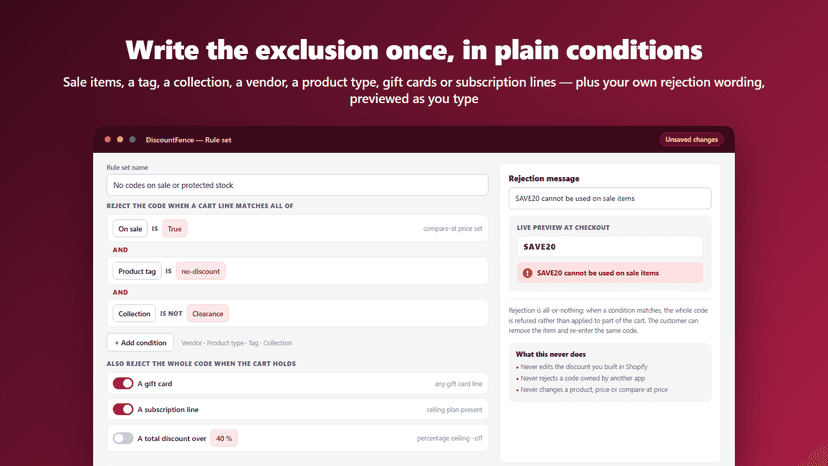 Fence editor with conditions and the rejection wording preview