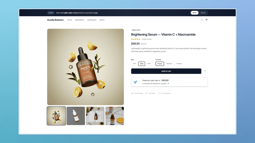 The Light Labs block widget on a product page in a website