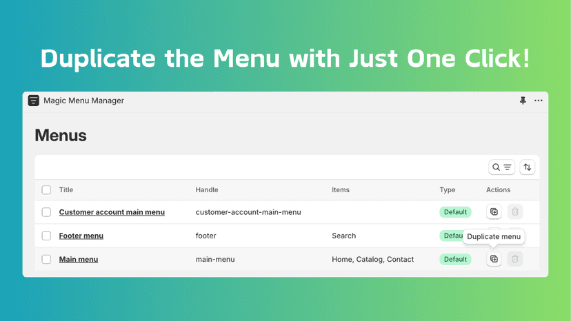 Bulk duplicate and bulk delete Shopify store menus