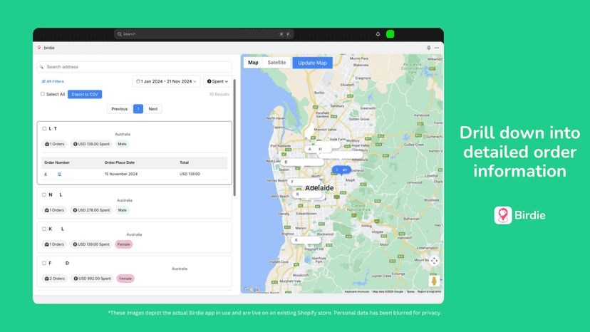 Detailed order information for highlighted customers