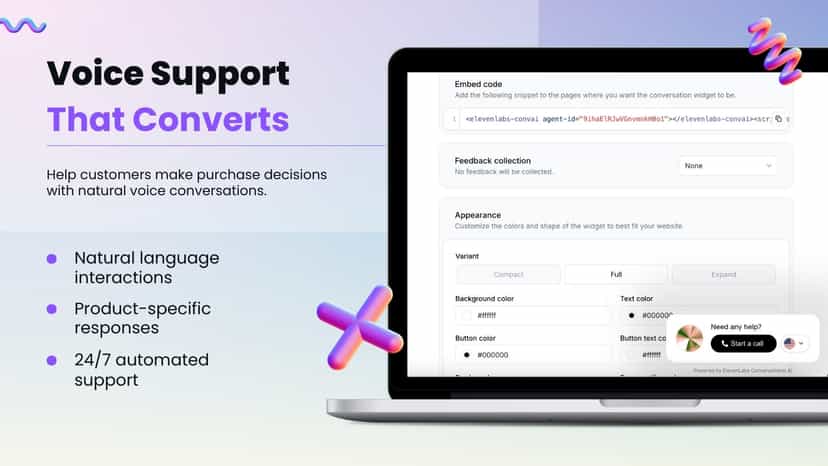 ElevenLabs Product page with AI voice chat widget