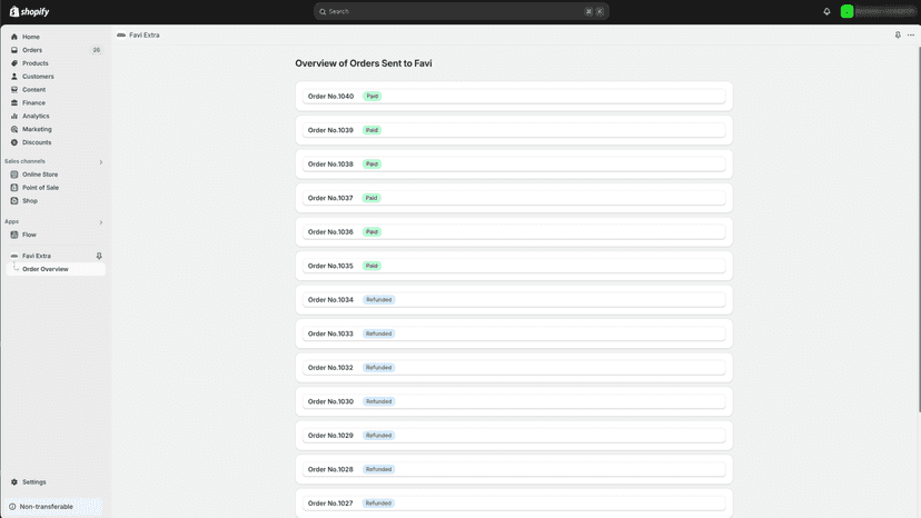 Overview of orders sent to the Favi system