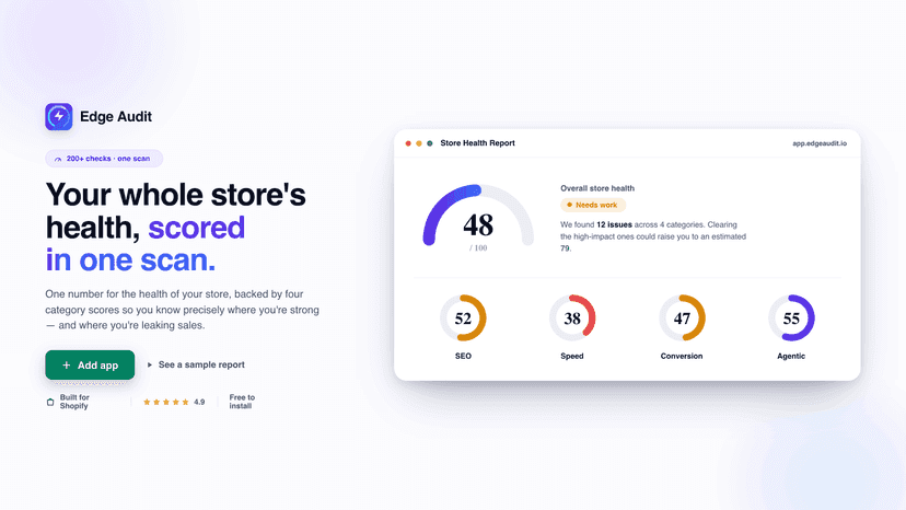 Score breakdown for SEO, speed, conversion, and AI agents