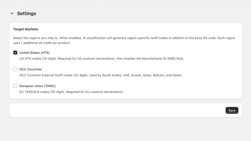 Multi-region HS Code Support
