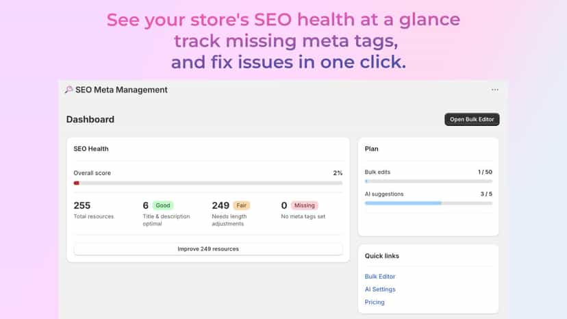 SEO dashboard showing health stats and quick action buttons