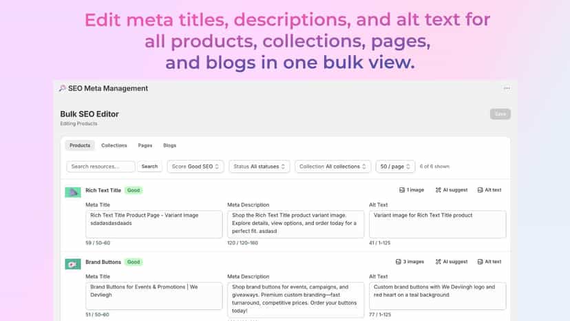 Bulk editor with inline SEO fields and AI suggestion buttons