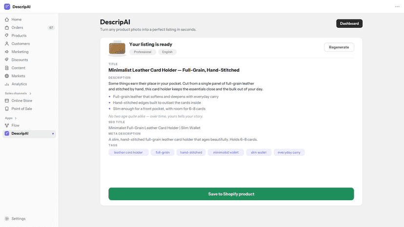 Product photo uploaded, AI generates a complete Shopify listing.