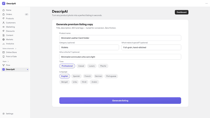Product photo uploaded, AI generates a complete Shopify listing.