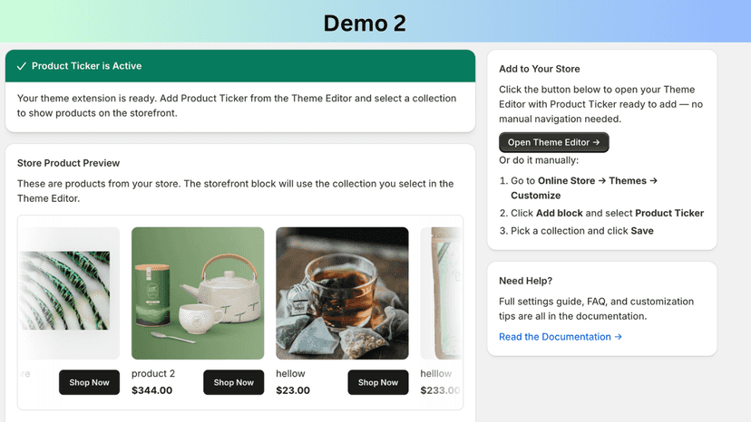 product ticker admin demo