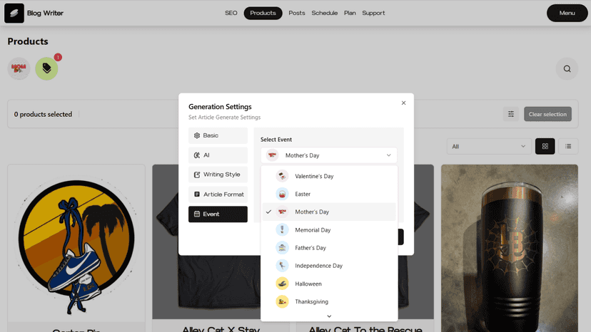Blog Writer Settings - Events