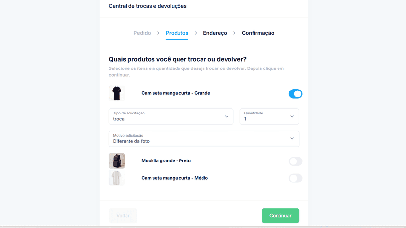 Selecione os produtos para realizar uma troca ou devolução