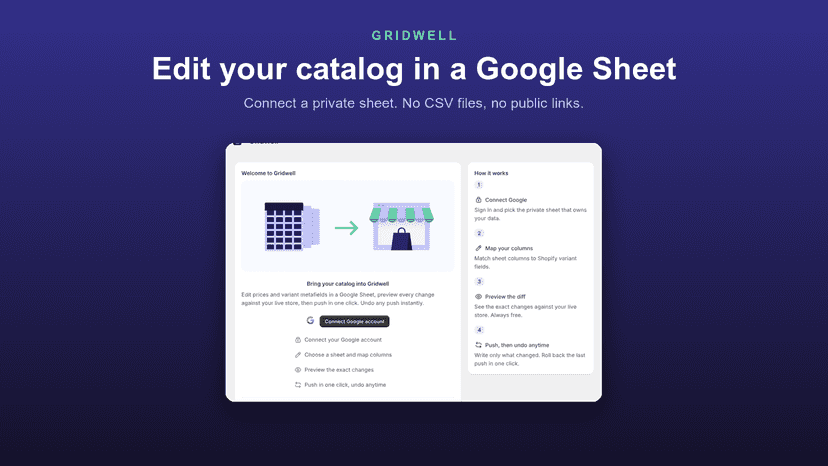 Gridwell welcome screen showing the spreadsheet to store flow