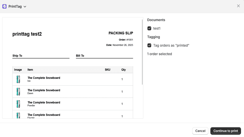 Packing slip preview in PrintTag app