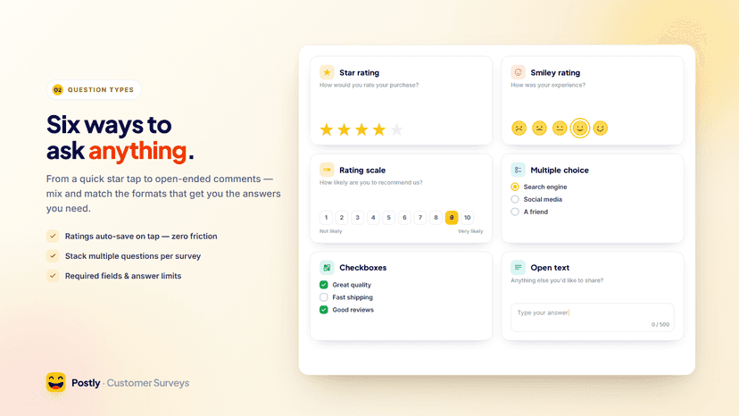 Six survey question types: stars, scales, choice & text