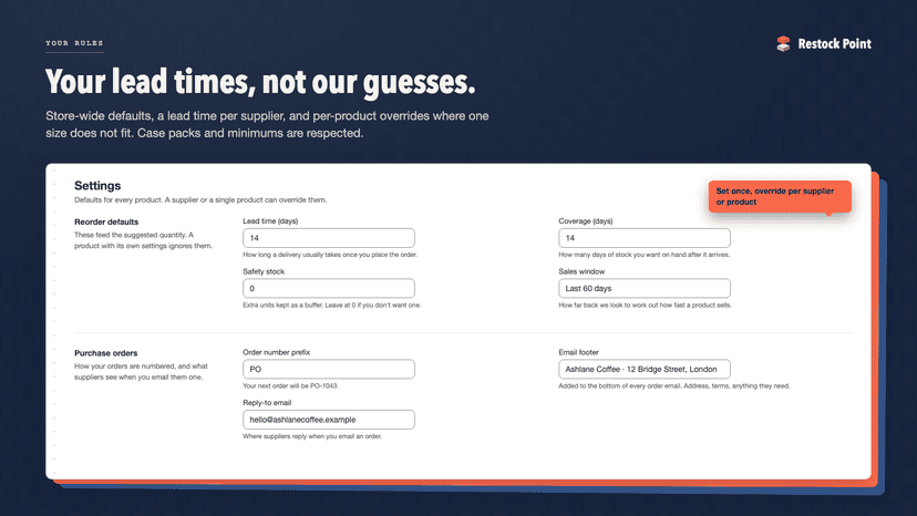 Reorder defaults and purchase-order settings