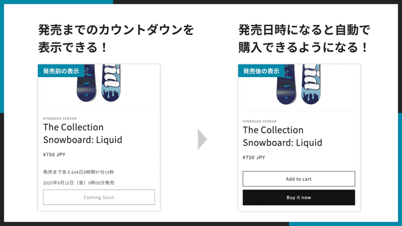 発売までのカウントダウンを表示できる!発売日時になると自動で購入できるようになる!