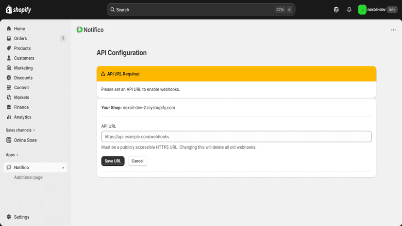 Showcasing screen on setting api url.