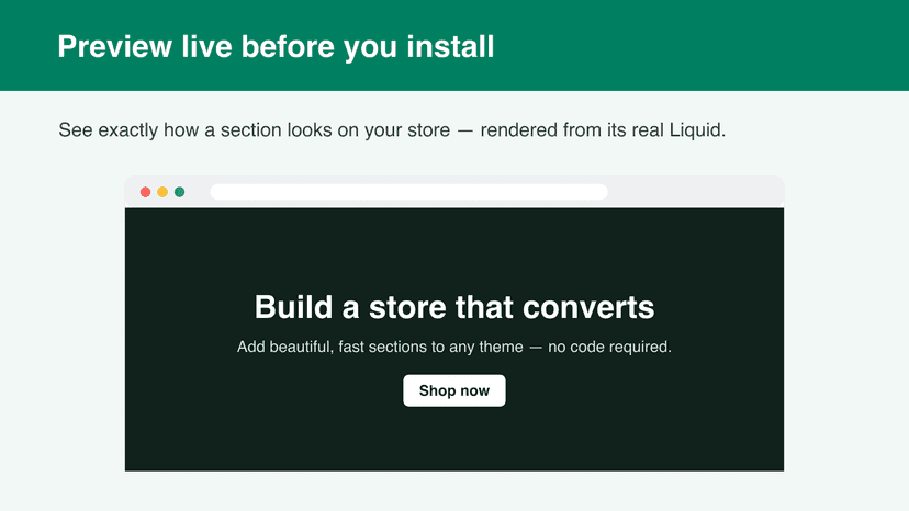 Preview a section live before installing it