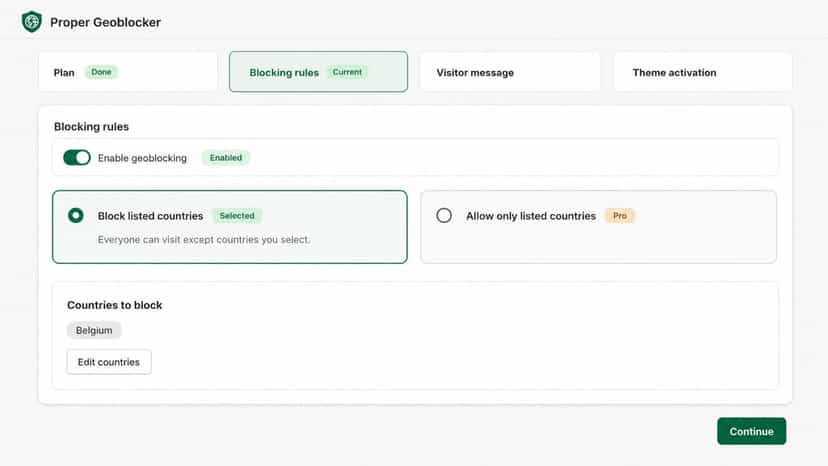 Blocking rules setup for selected countries.