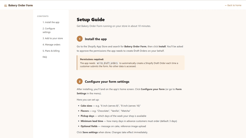 Bakery Order Form setup guide showing step-by-step installation
