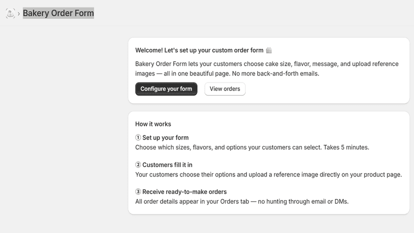 Bakery Order Form admin dashboard showing order summary and plan