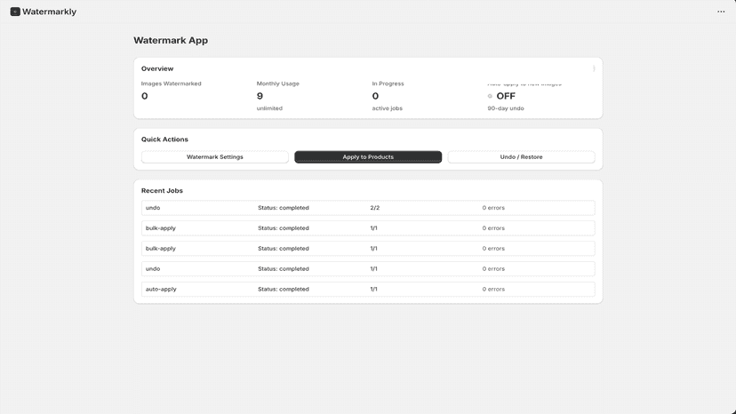 WatermarkShield dashboard with stats and job history