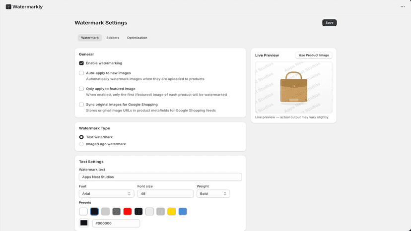 Watermark text settings with live product preview