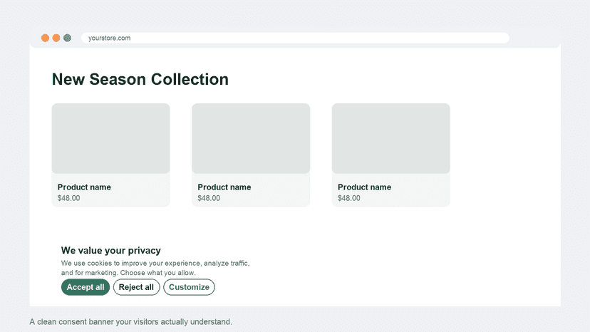 Cookie consent banner on a Shopify storefront homepage