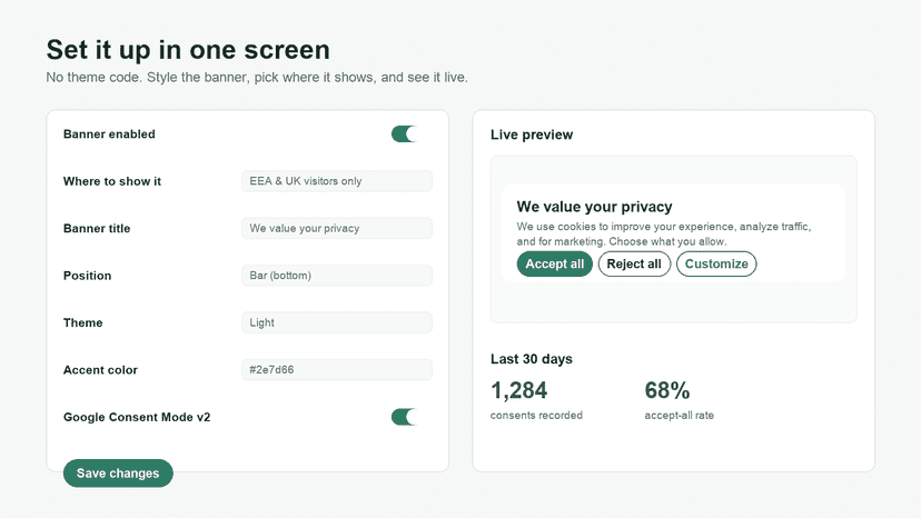 ConsentKit settings screen with a live banner preview