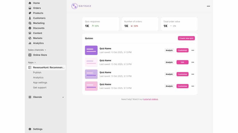 Sensez dashboard showing quiz list, responses, and statistics