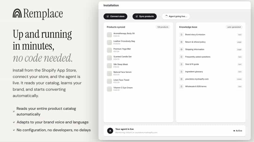 Agent live in 60 seconds. Products and knowledge base