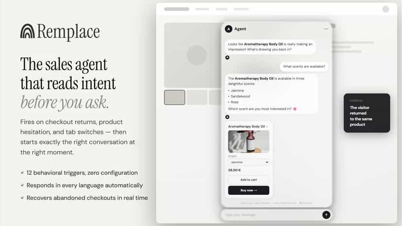 Remplace AI sales agent widget showing a live product conversati