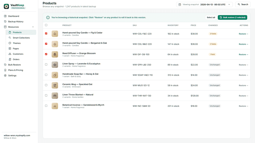 Browse any snapshot and bulk-restore selected items