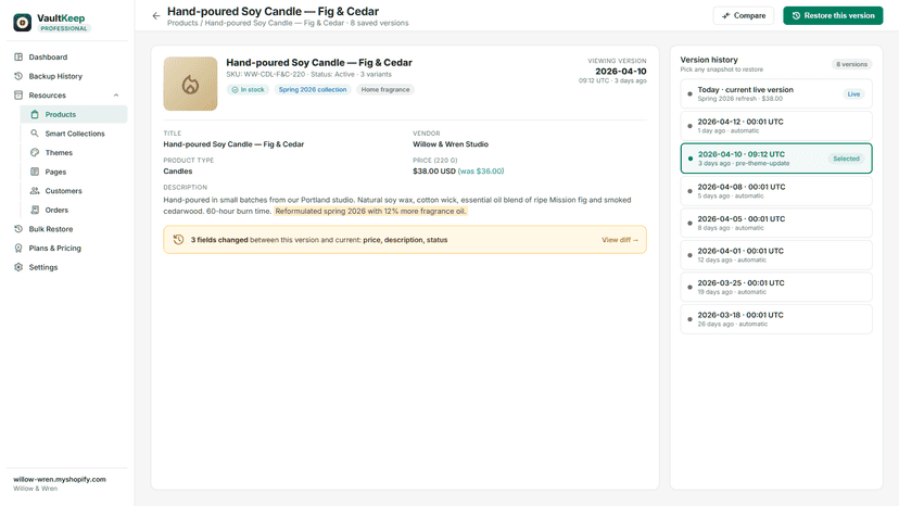 Product version history with field-level diff and restore