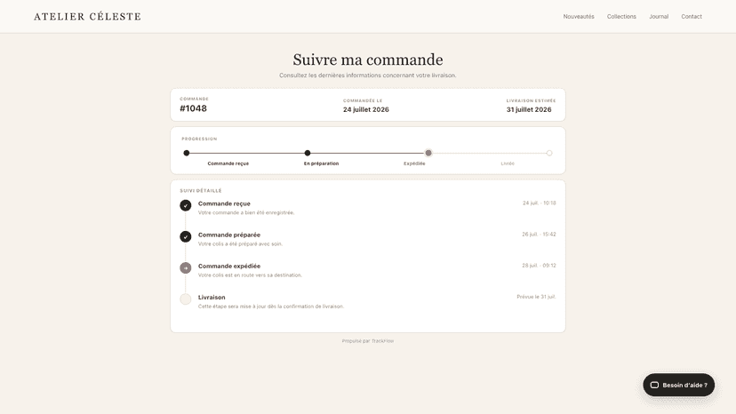 Branded customer tracking page with delivery timeline