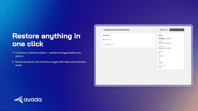 Backup detail page showing backed up products and themes