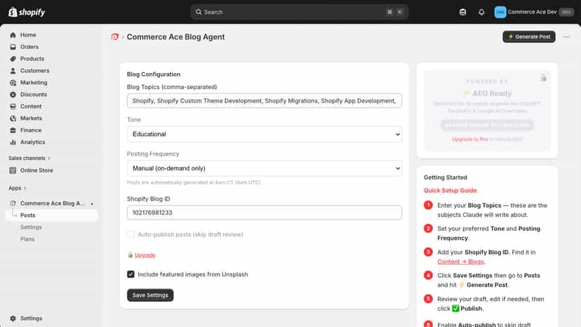 Commerce Ace Blog Agent Starter plan pricing and features