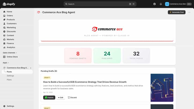 Commerce Ace Blog Agent dashboard with post stats and draft post