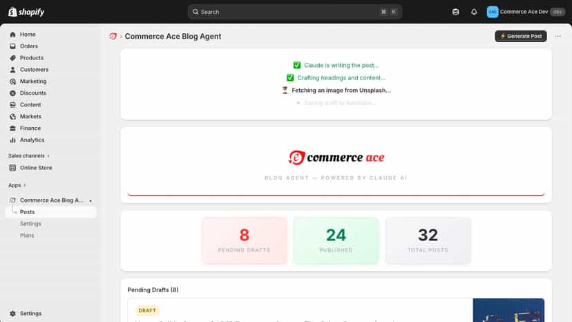 Claude AI generating blog post with animated progress steps