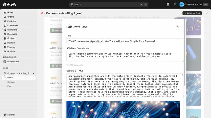 Edit draft post modal with Unsplash image search and SEO fields