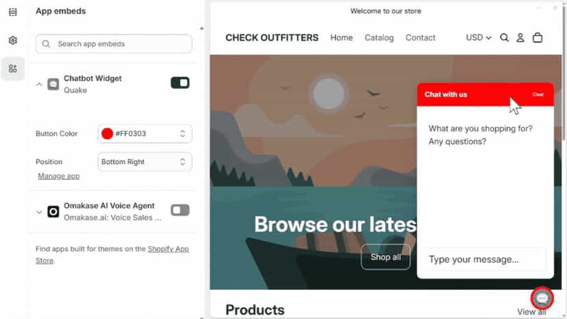 Customization Menu for Quake Chatbot in Shopify Theme Editor