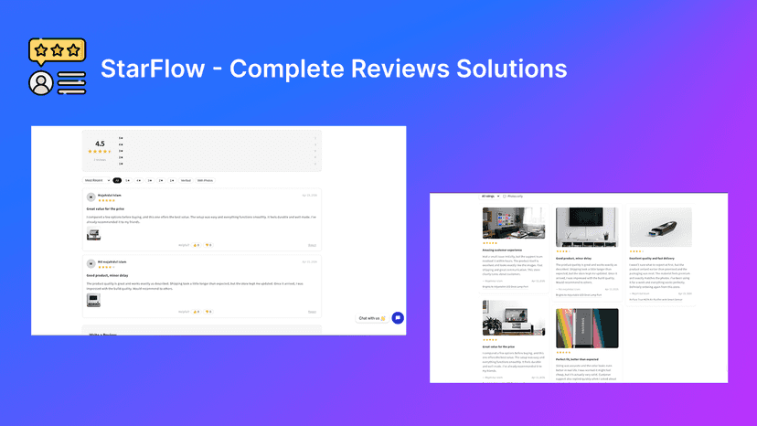 StarFlow Reviews dashboard showing review stats, rating charts,